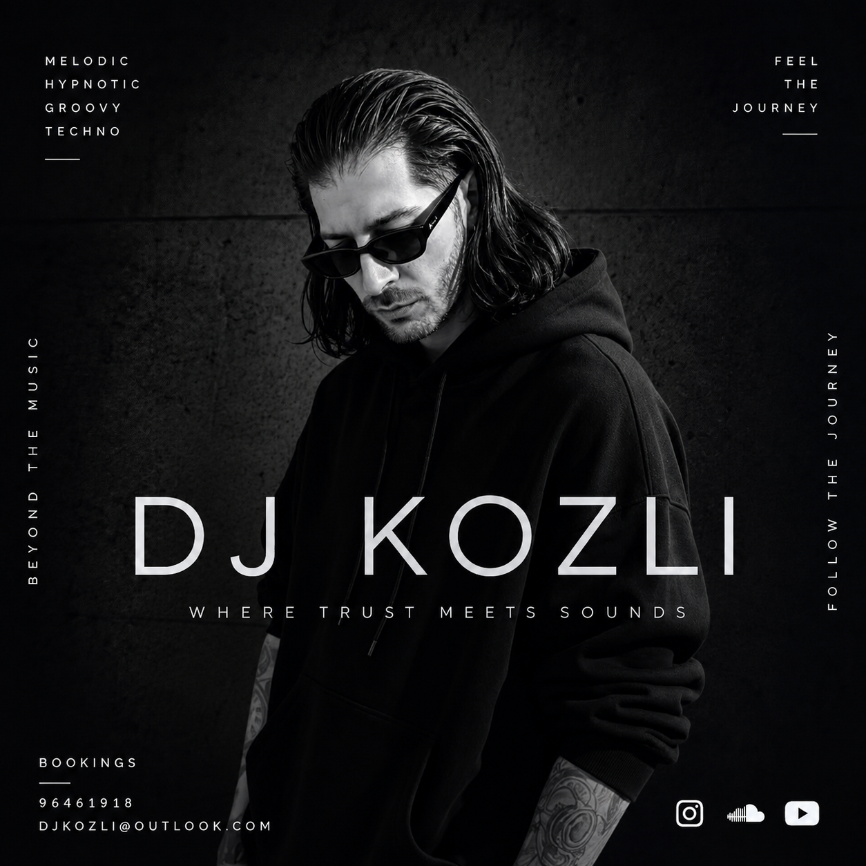 DJ Kozli — black-and-white portrait in sunglasses and black hoodie
